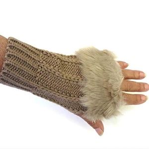 Knit Fingerless Gloves with Faux Fur Taupe NWT